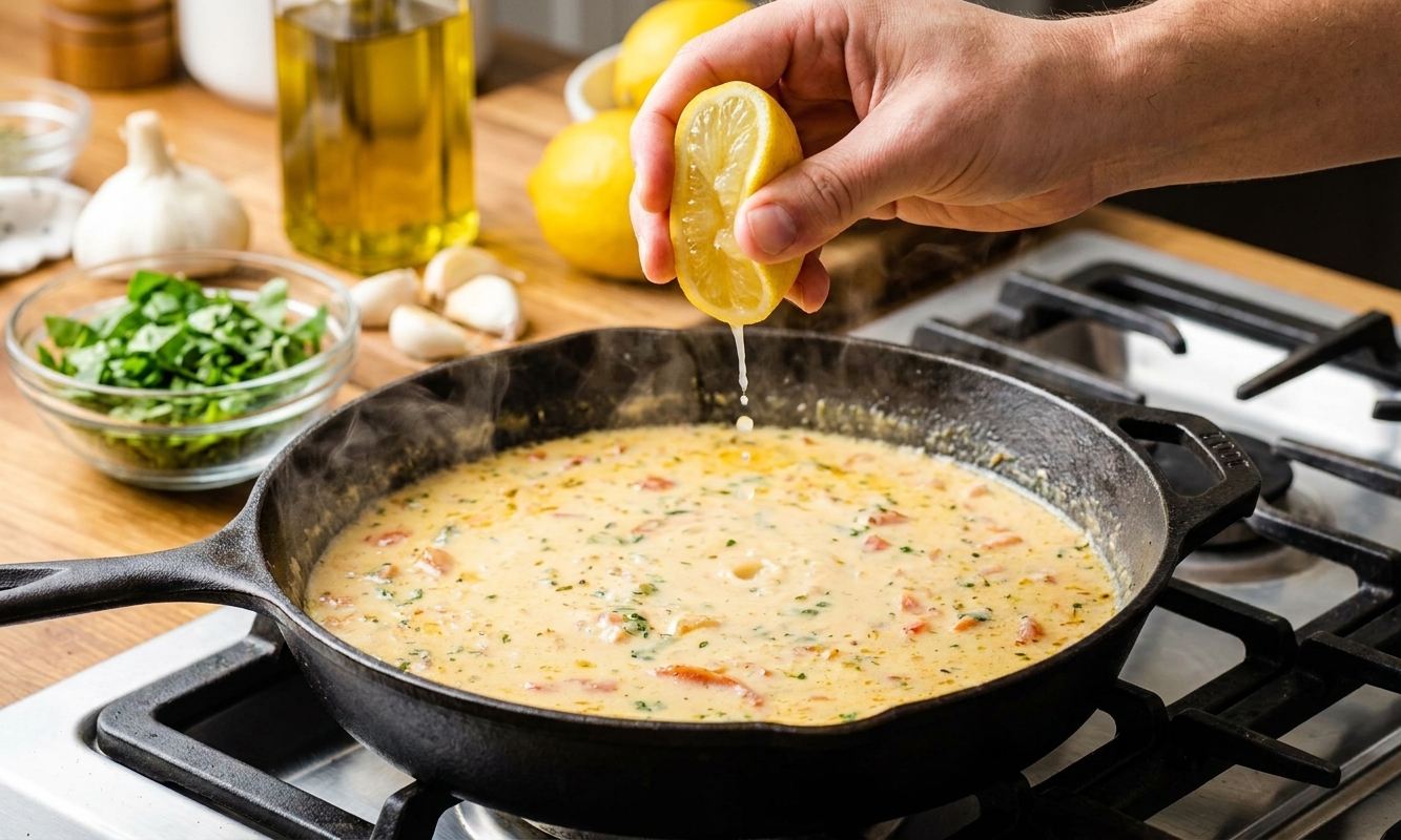A hand squeezing fresh lemon juice into a simmering creamy sauce in a skillet on the stove