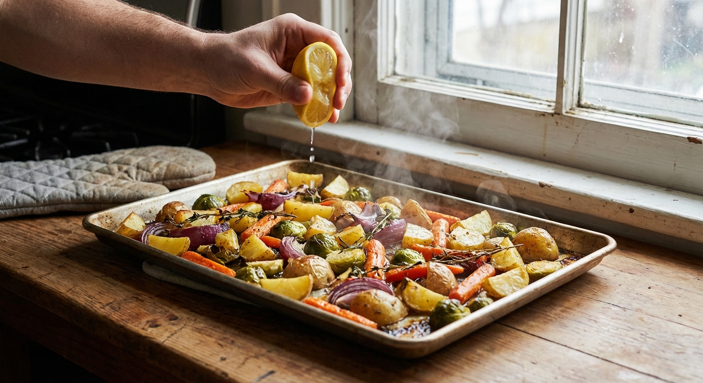 A hand squeezing fresh lemon over a sheet pan of roasted vegetables just out of the oven