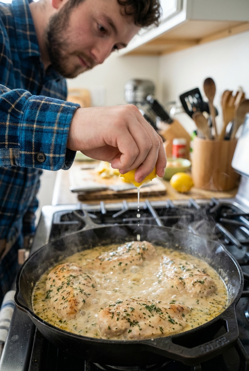 A hand squeezing fresh lemon over chicken simmering in a creamy sauce in a skillet
