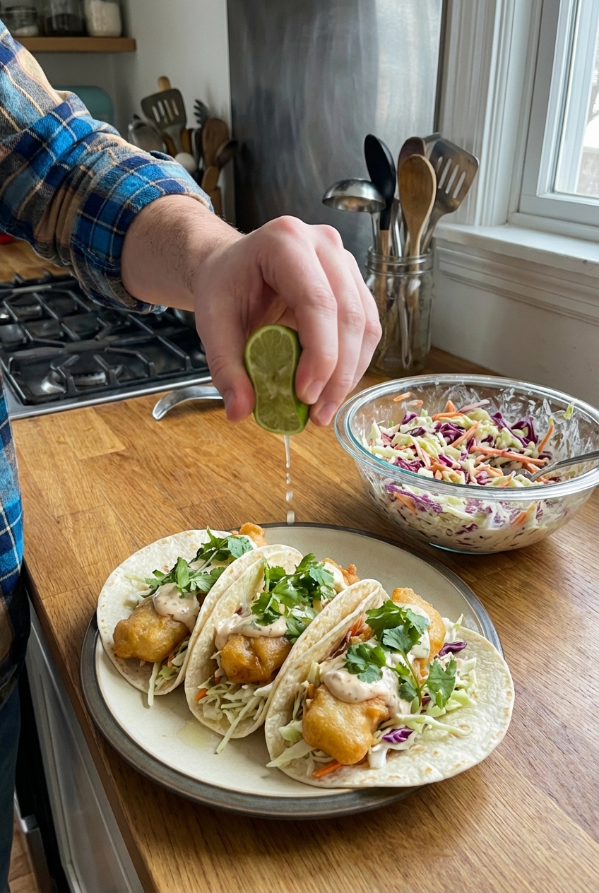 A hand squeezing fresh lime over fish tacos with a bowl of slaw nearby on a kitchen counter