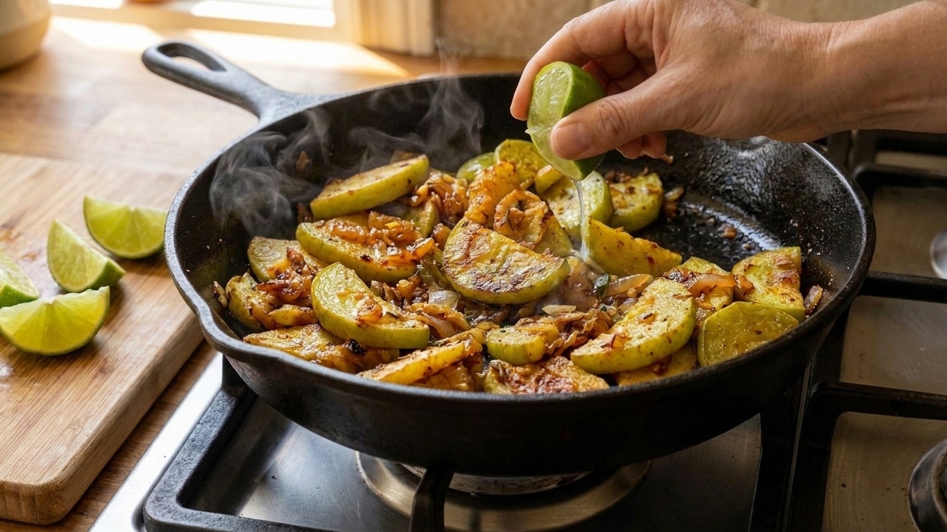 A hand squeezing fresh lime over sautéed chayote in a skillet, steam rising under warm kitchen lighting