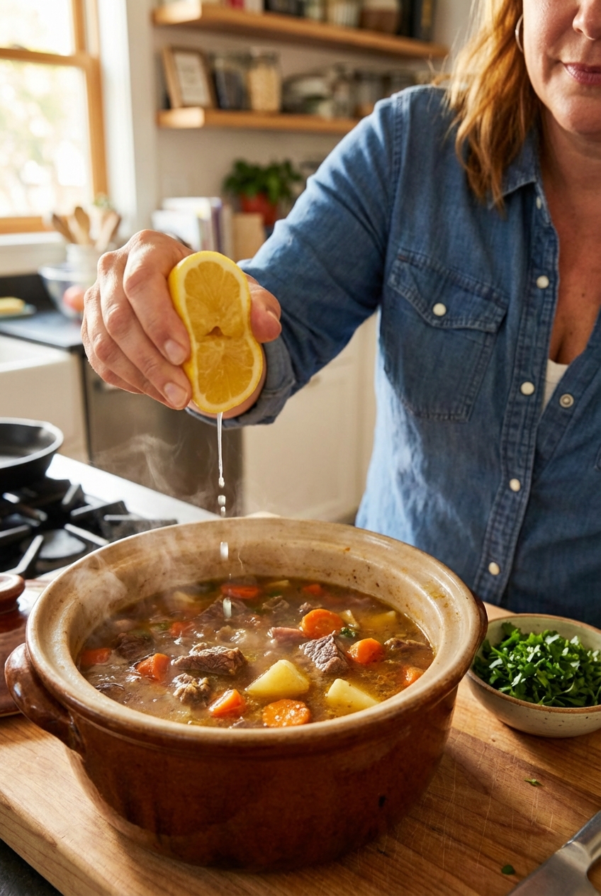 A hand squeezing lemon over a pot of beef soup with chopped parsley nearby