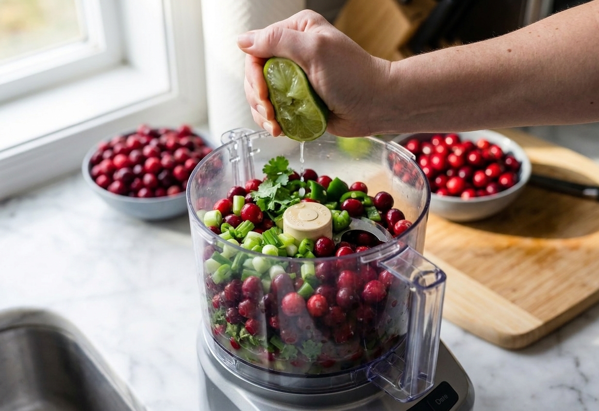 A hand squeezing lime juice into a food processor bowl with chopped cranberries and cilantro, captured mid-action in warm kitchen light