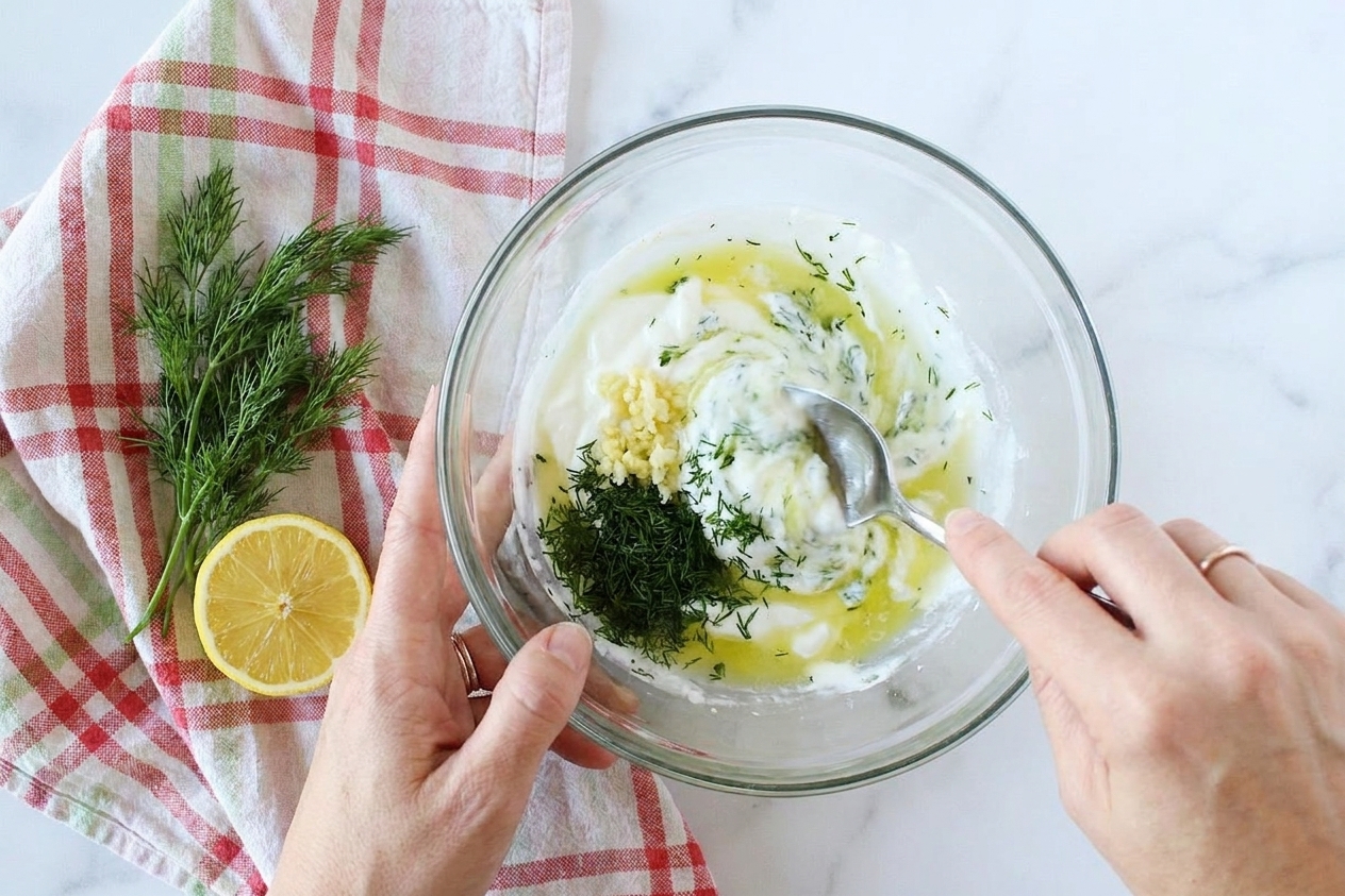 A hand stirring Greek yogurt, garlic, dill, and lemon juice together in a mixing bowl with a spoon