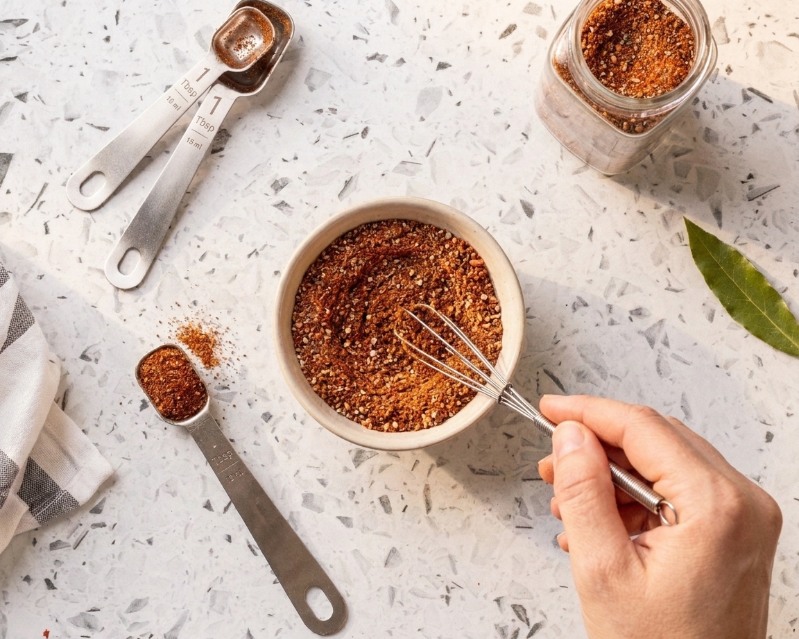 A hand stirring a bowl of brisket dry rub with a small whisk as the spices blend into a reddish brown mix