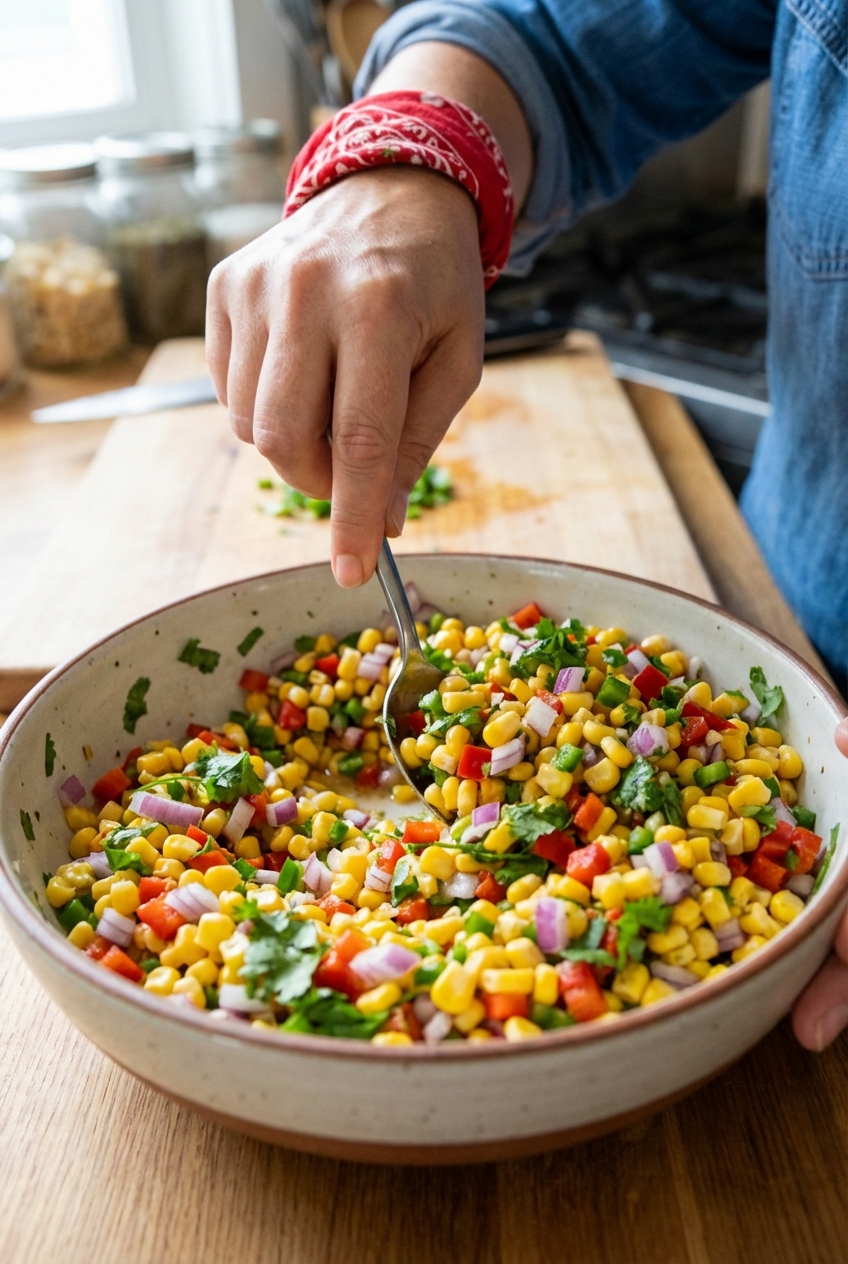 A hand stirring a bowl of corn salsa with a spoon, showing chopped herbs and diced vegetables