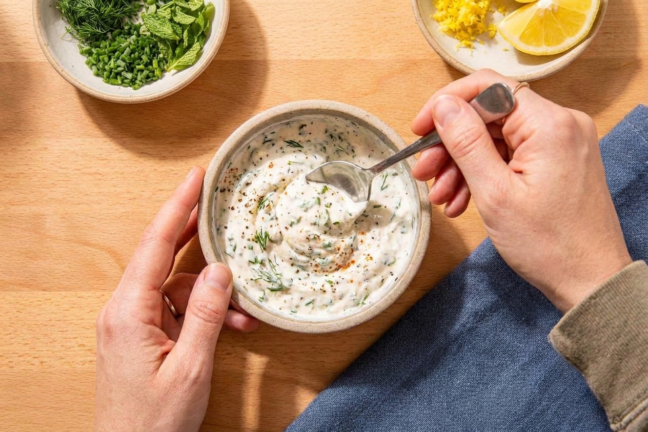 A hand stirring a bowl of creamy herbed dip with a spoon on a kitchen counter, green herb flecks visible in the mixture