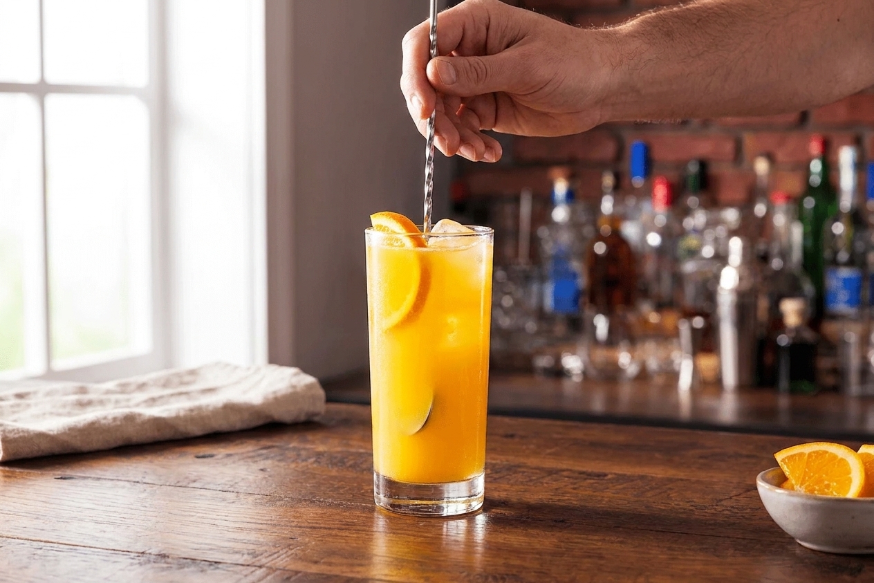 A hand stirring a bright orange Screwdriver cocktail with a spoon in a tall glass filled with ice on a kitchen counter under soft natural light