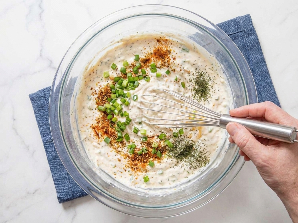 A hand stirring a creamy dip base in a mixing bowl with visible green onion and seasoning speckles on a kitchen counter