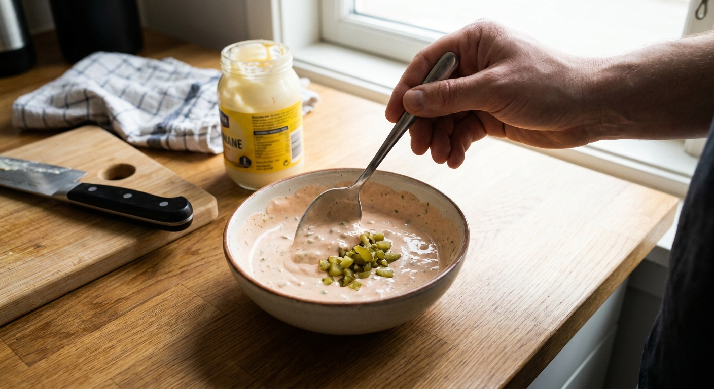 A hand stirring a creamy pink burger sauce with chopped pickles in a small bowl on a kitchen counter, spoon mid-stir