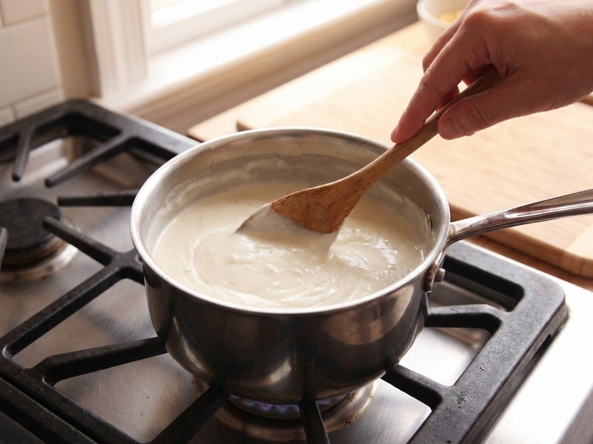 A hand stirring a creamy sauce in a stainless steel saucepan on a stovetop with a wooden spoon