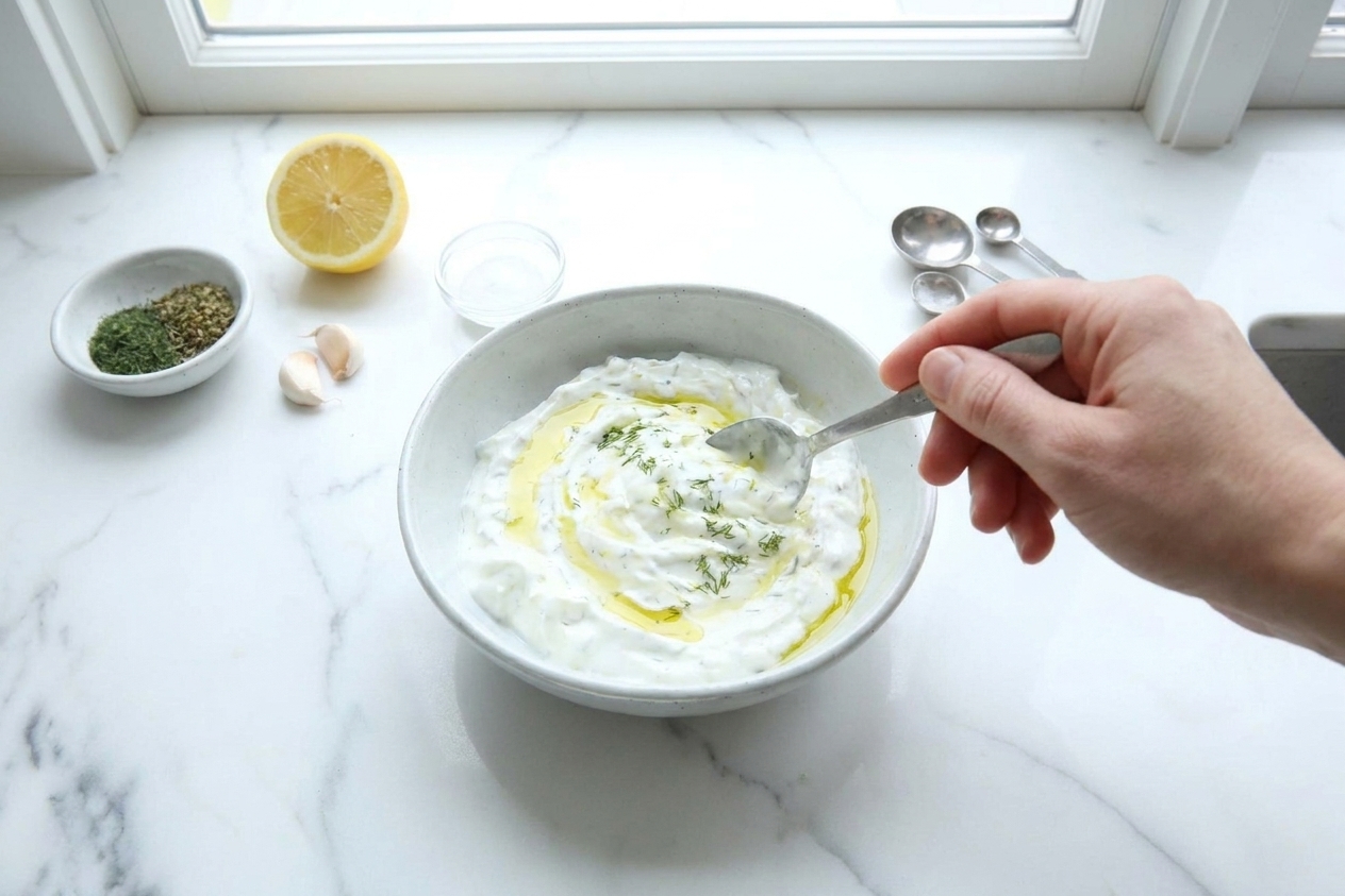 A hand stirring a creamy yogurt dip in a ceramic bowl with a spoon on a bright kitchen counter
