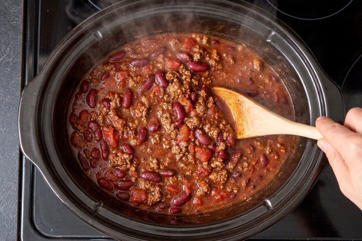 A hand stirring a crock pot full of simmered chili with visible beans and ground beef