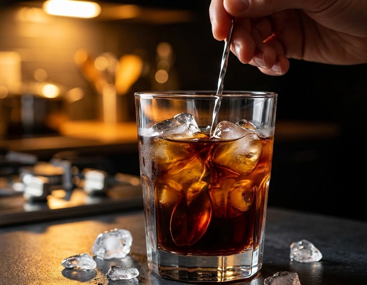 A hand stirring a dark Black Russian cocktail in a rocks glass with a spoon, ice clinking, warm kitchen lighting