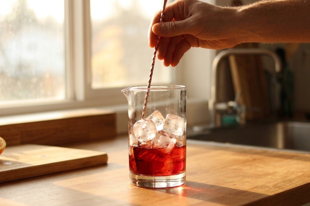 A hand stirring a deep red Boulevardier in a clear mixing glass filled with ice on a kitchen counter
