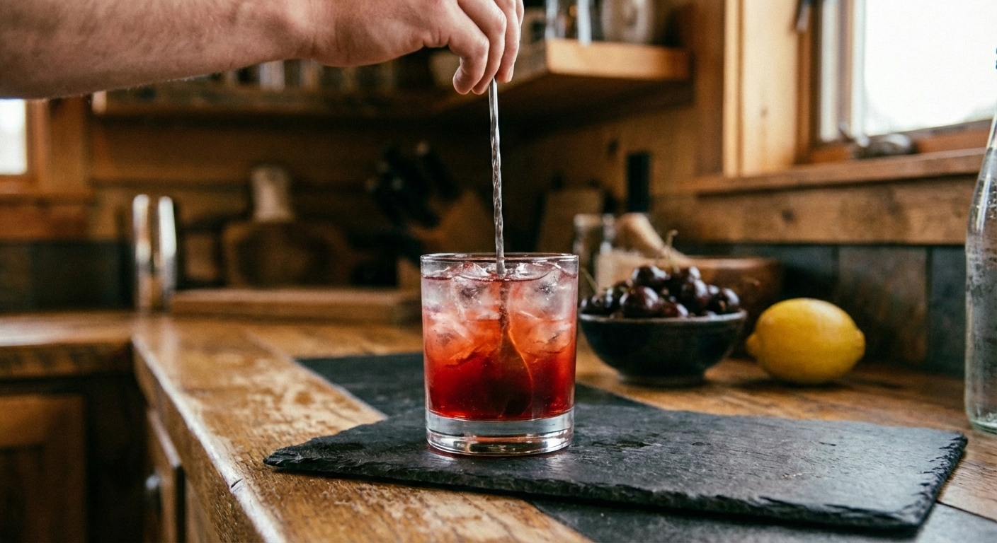 A hand stirring a deep red Shirley Temple drink in a glass with ice using a long spoon