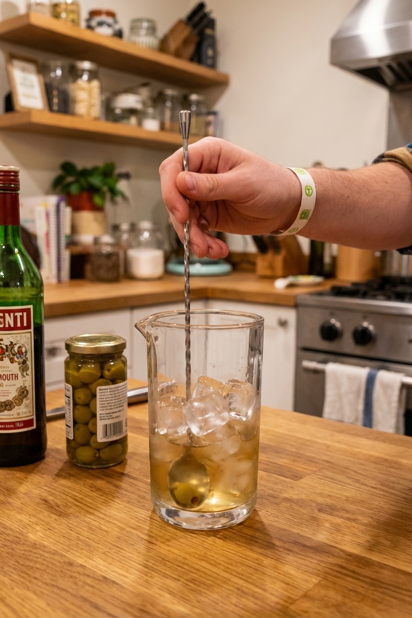A hand stirring a dirty martini in a clear mixing glass with a bar spoon and ice cubes, realistic kitchen counter photo