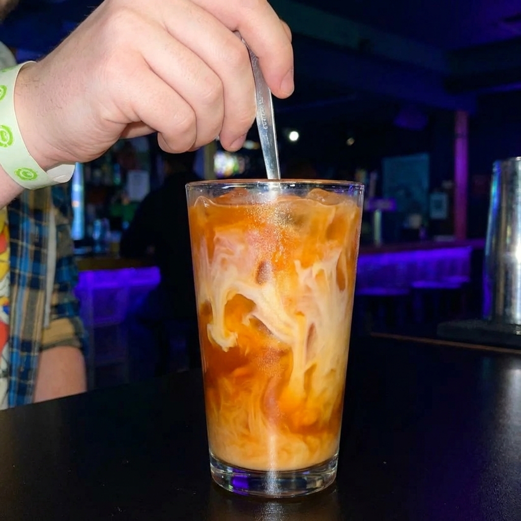 A hand stirring a glass of Thai iced tea with a spoon as the milk swirls into the tea over ice