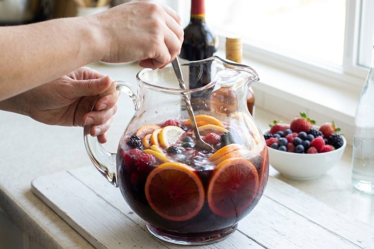 A hand stirring a glass pitcher of red sangria with citrus slices and berries using a long spoon on a kitchen counter