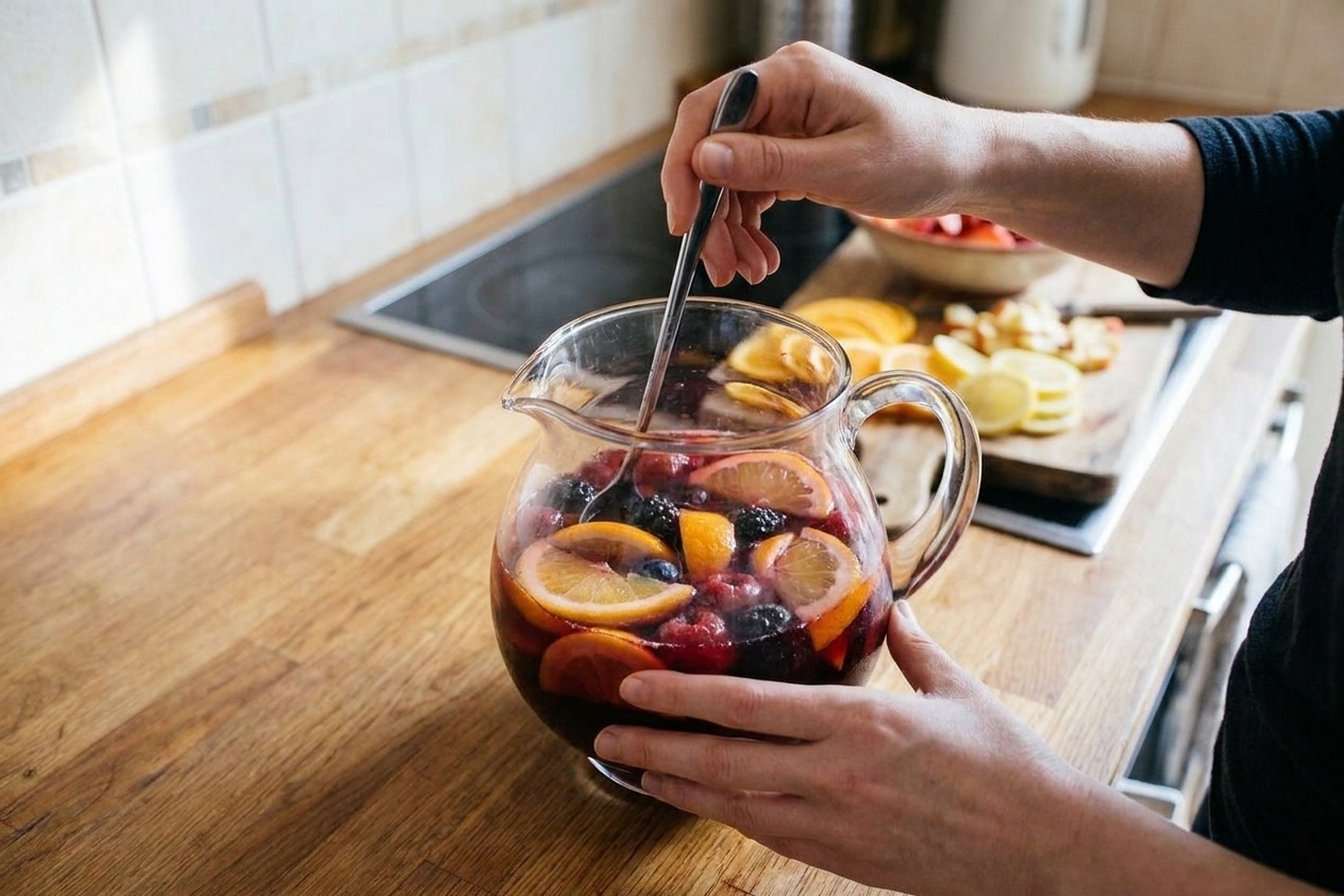 A hand stirring a glass pitcher of red sangria with a long spoon as citrus slices and berries float near the surface