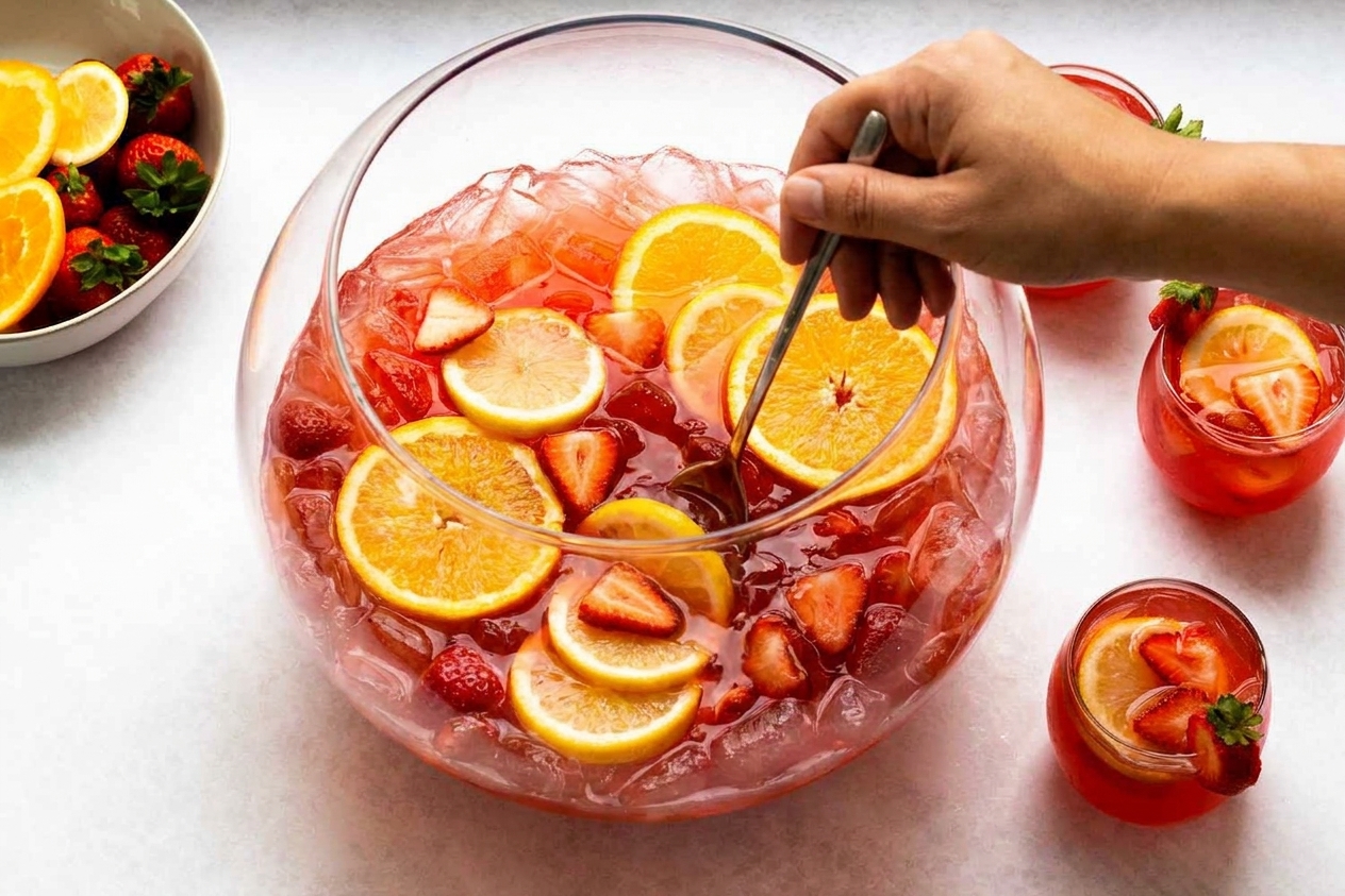 A hand stirring a glass punch bowl filled with fruit punch and citrus slices using a long spoon on a kitchen counter