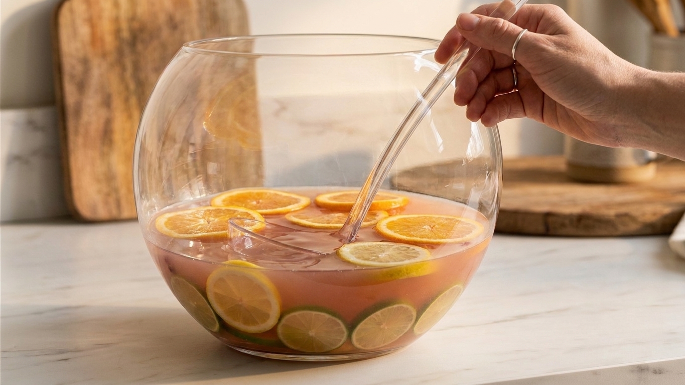 A hand stirring a large punch bowl of jungle juice with a long spoon, fruit floating on top