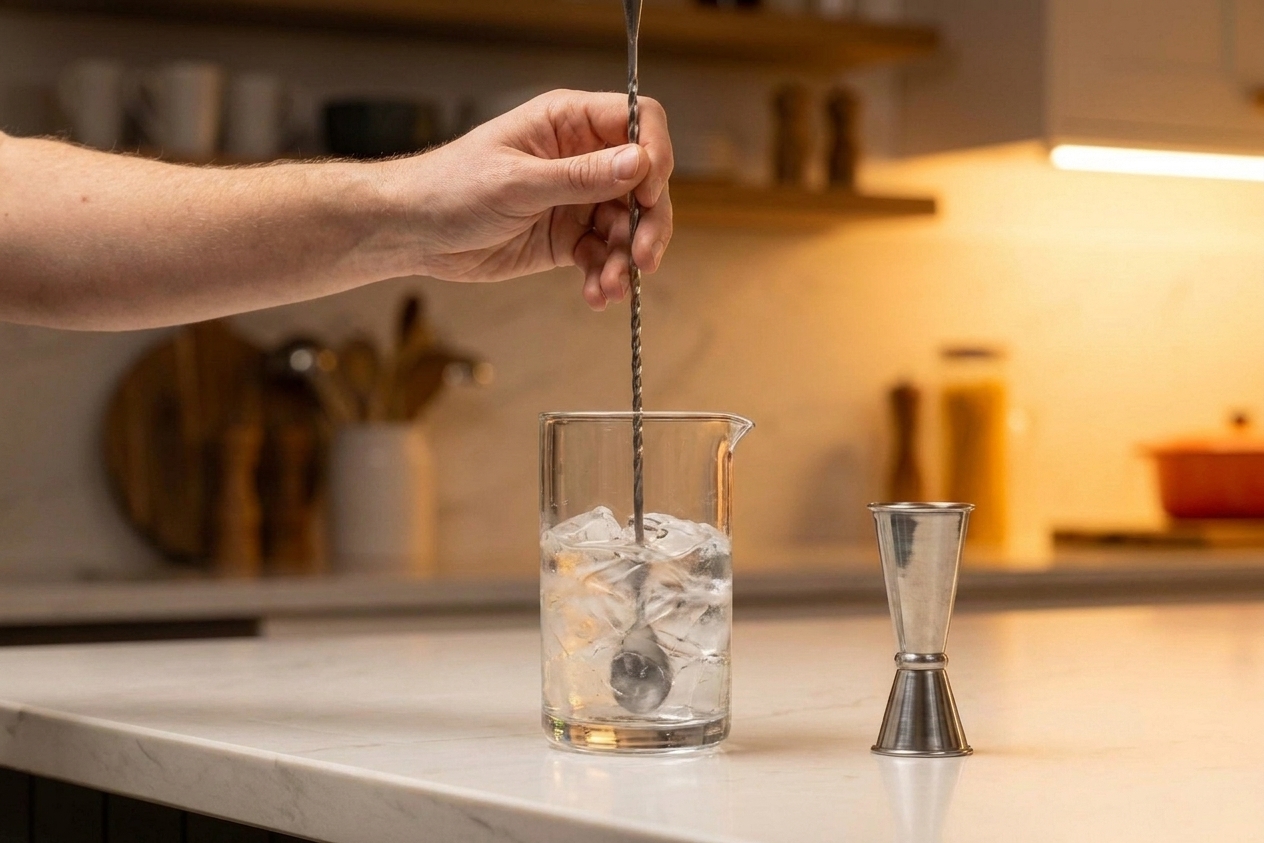 A hand stirring a martini with a long spoon in a mixing glass packed with ice on a marble counter