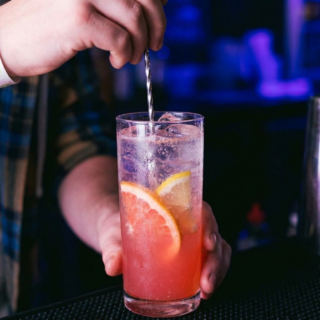 A hand stirring a pink citrus mocktail in a tall glass filled with ice and topped with sparkling water