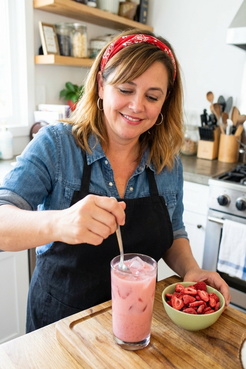 A hand stirring a pink coconut strawberry drink in a glass filled with ice, with a small bowl of freeze-dried strawberries nearby on a wooden cutting board, bright natural kitchen lighting