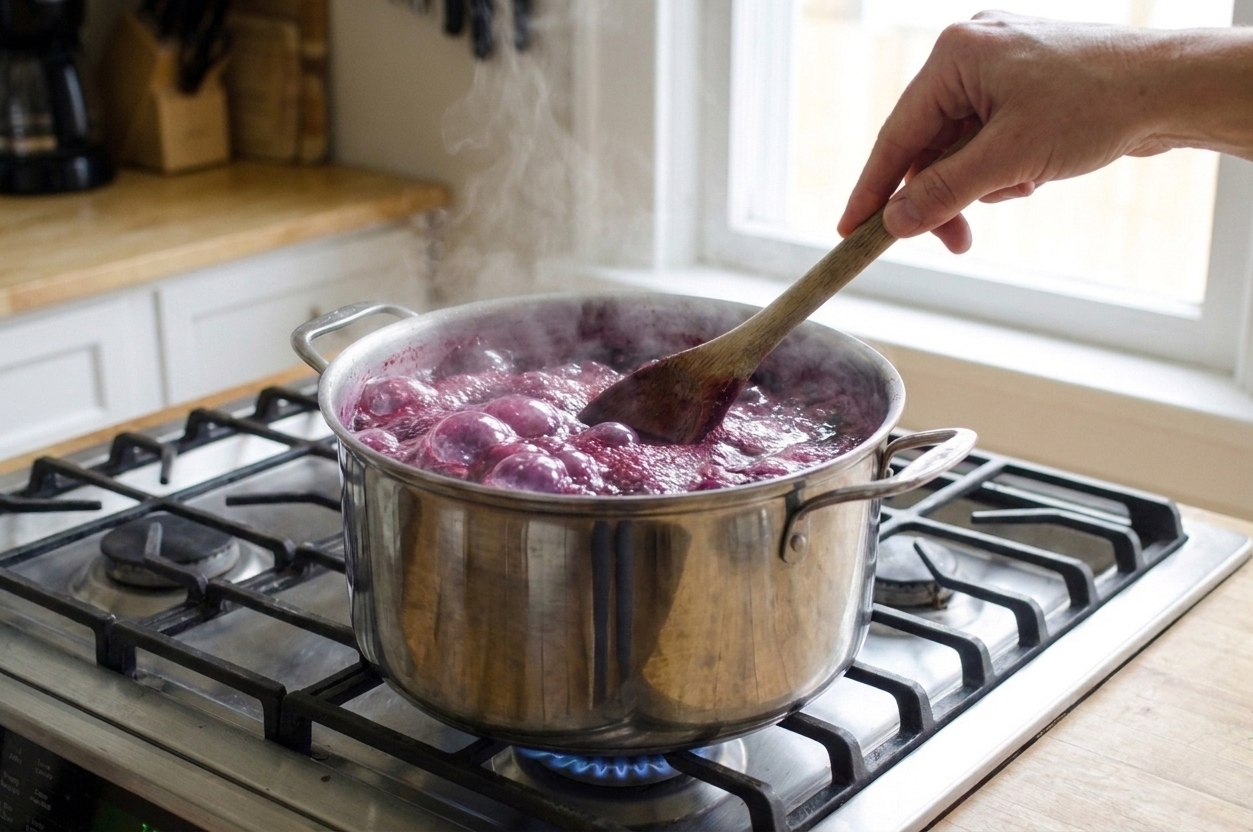 A hand stirring a pot of boiling muscadine jelly with a wooden spoon on a stovetop, glossy purple bubbles rising