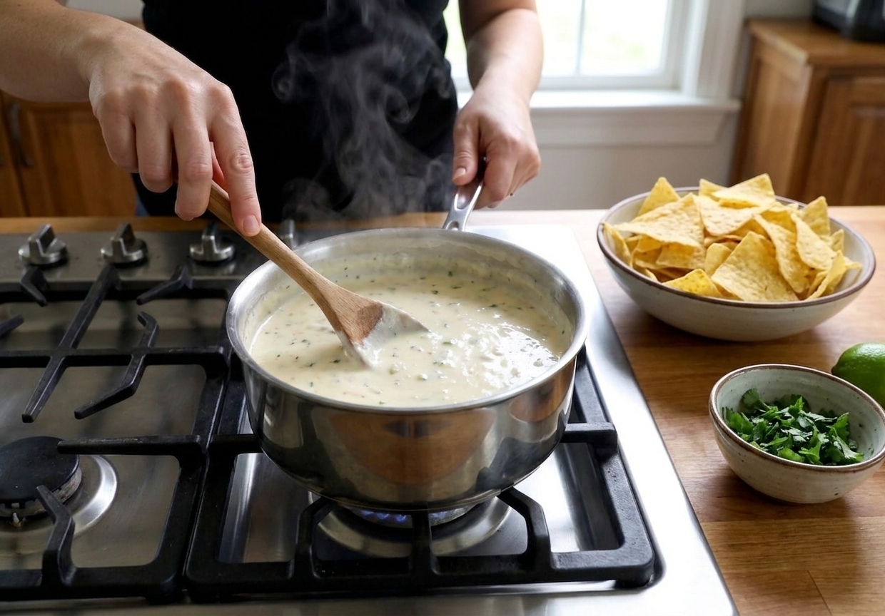 A hand stirring a pot of creamy white queso with a wooden spoon on a stovetop, with gentle steam rising and tortilla chips on the counter nearby