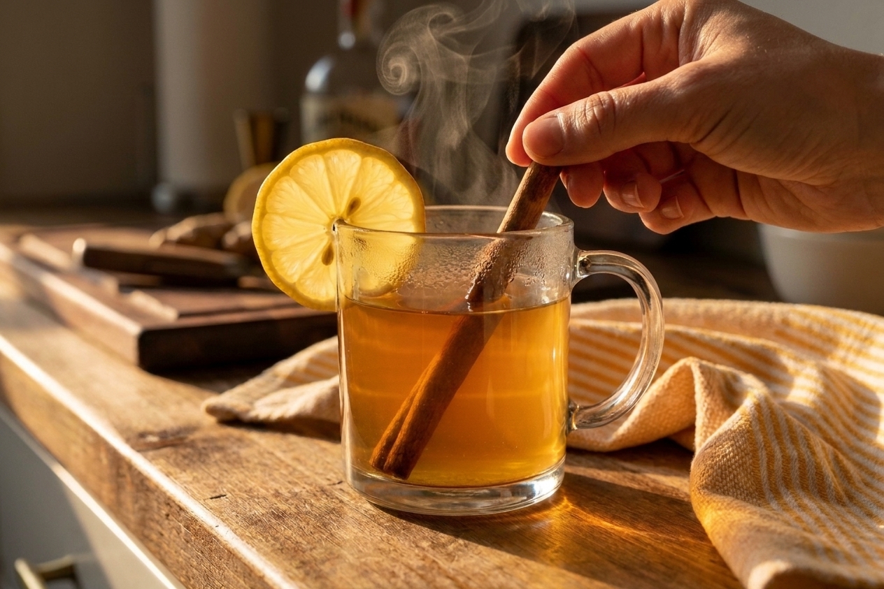 A hand stirring a steaming hot toddy in a clear glass mug with a cinnamon stick on a kitchen counter under warm light