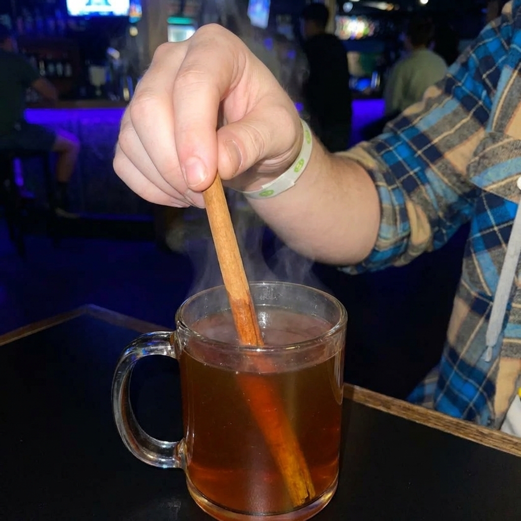 A hand stirring a steaming mug of hot buttered rum with a cinnamon stick