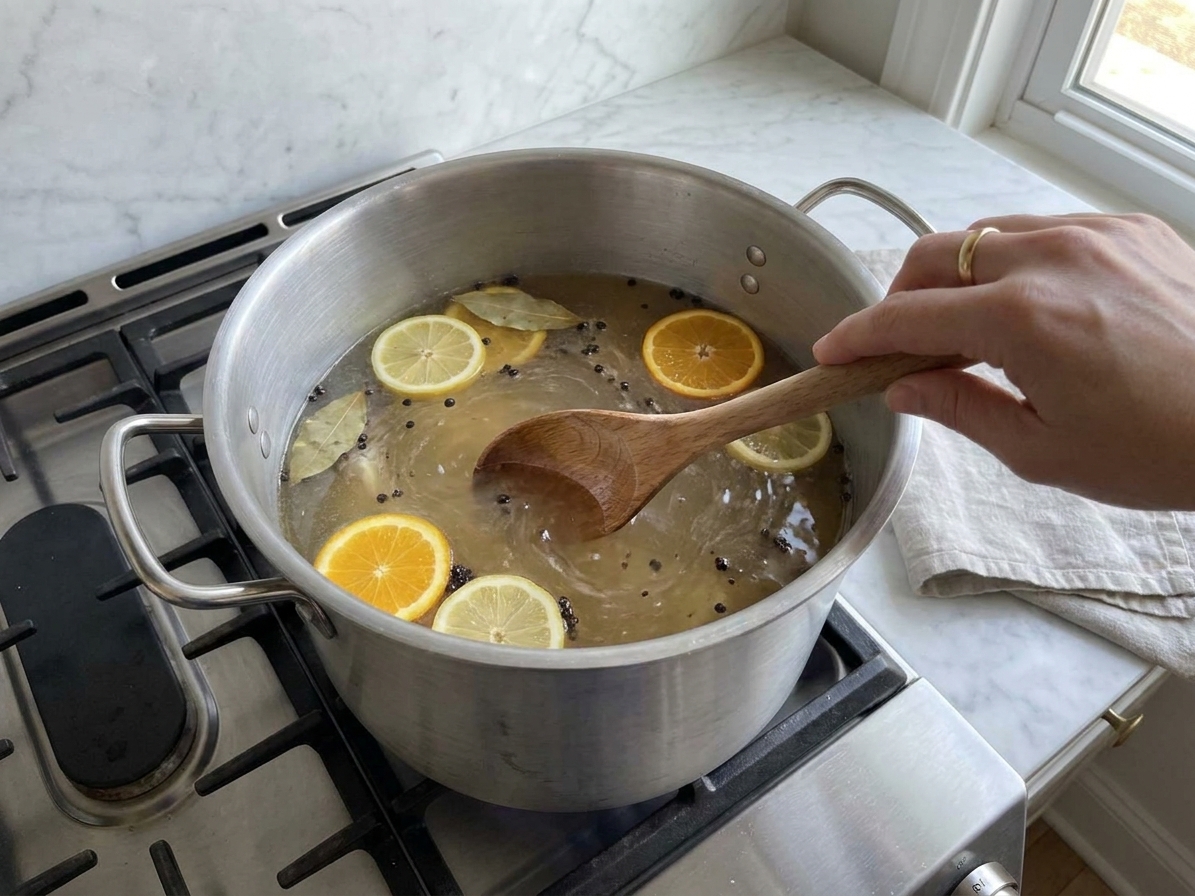 A hand stirring a stockpot of brine with visible peppercorns, bay leaves, and citrus slices on a stovetop