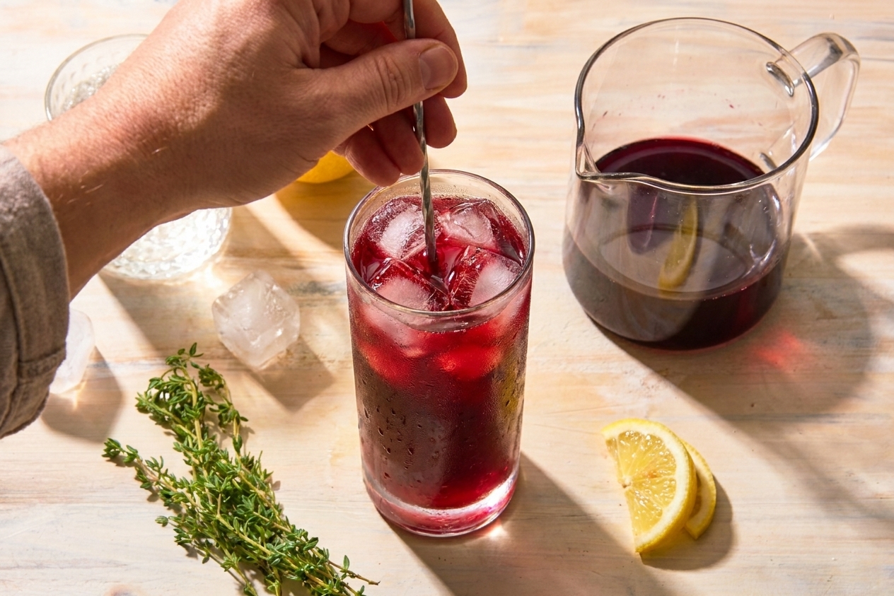 A hand stirring a tart cherry mocktail with a spoon in a tall glass filled with ice on a kitchen counter
