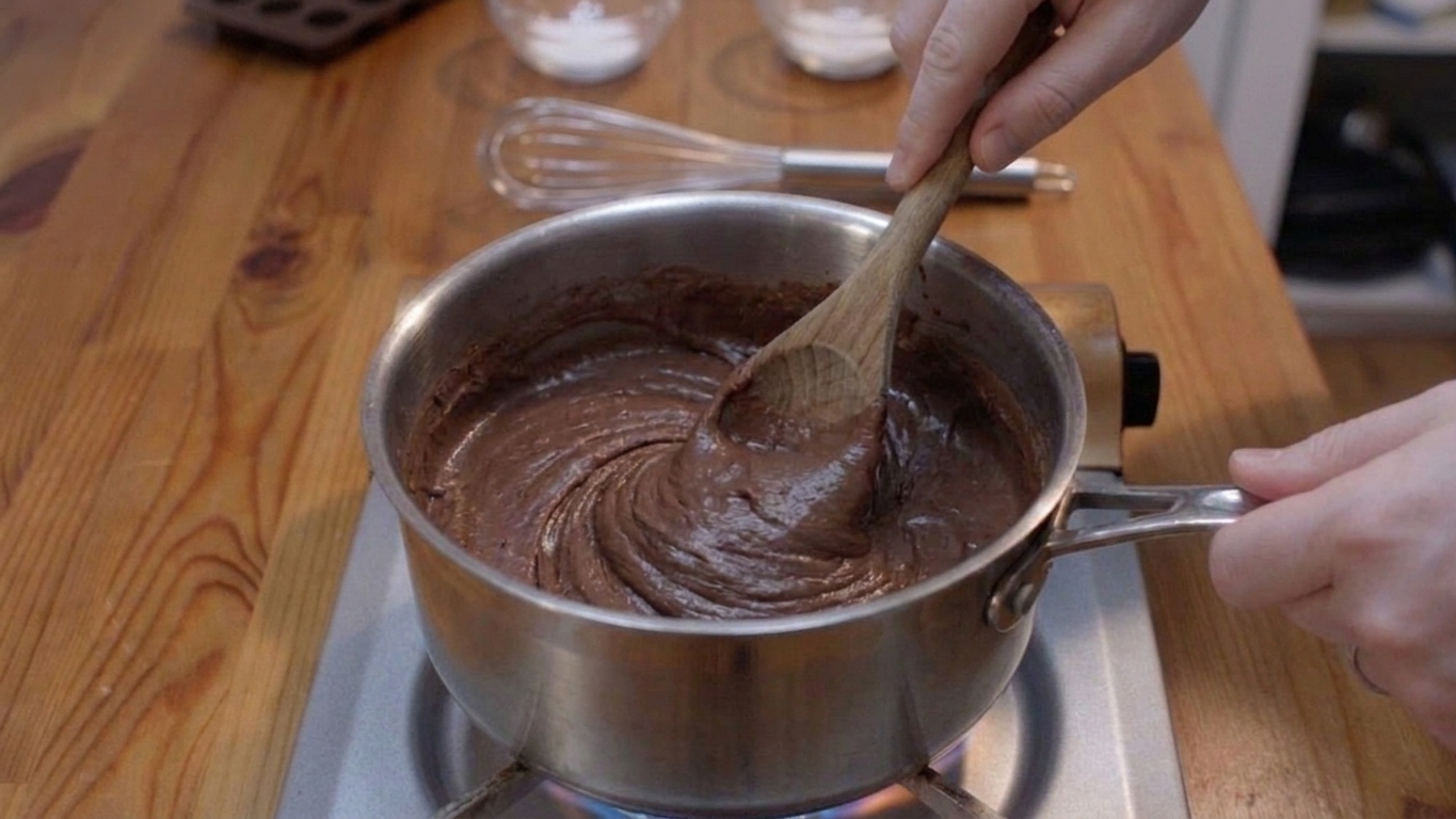 A hand stirring a thickening chocolate fudge mixture in a stainless steel saucepan on a stovetop with a wooden spoon