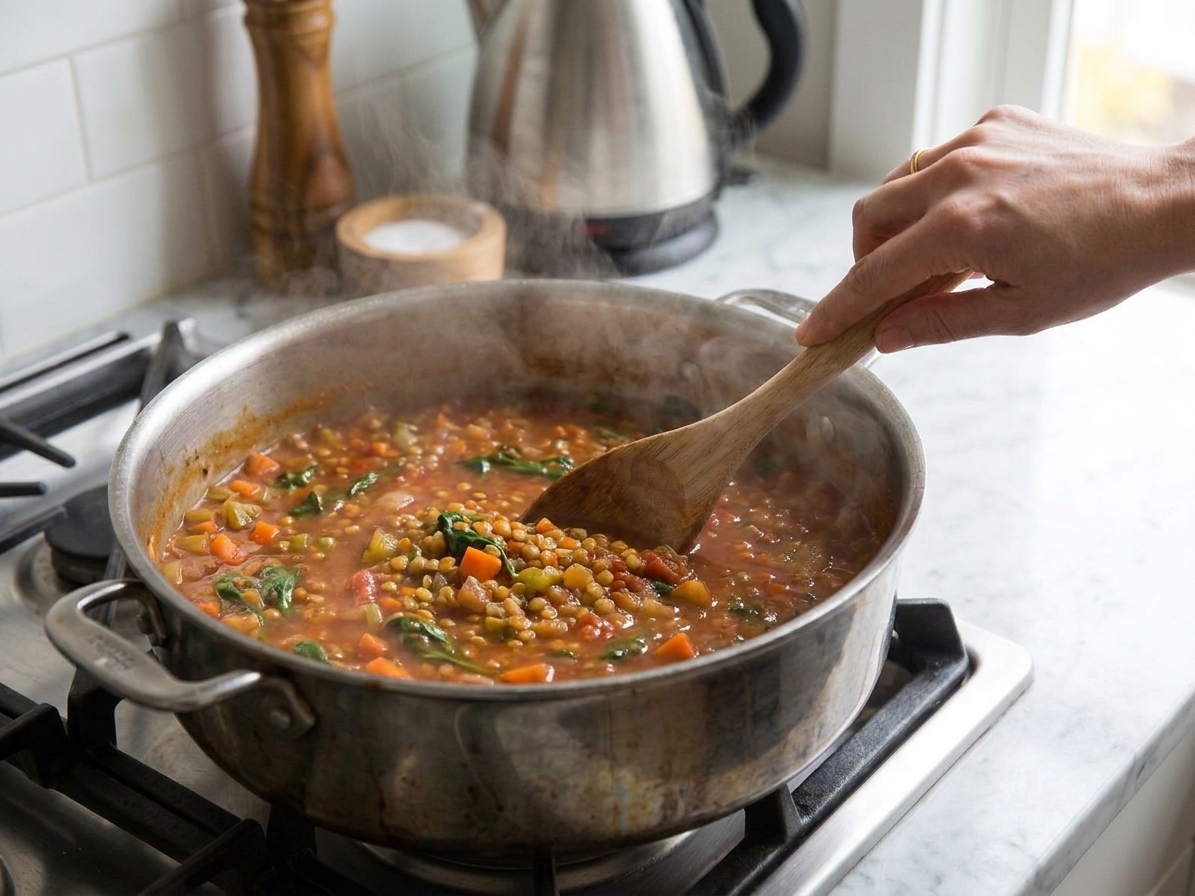 A hand stirring a thickening red lentil stew in a pot with a wooden spoon, steam rising in a home kitchen