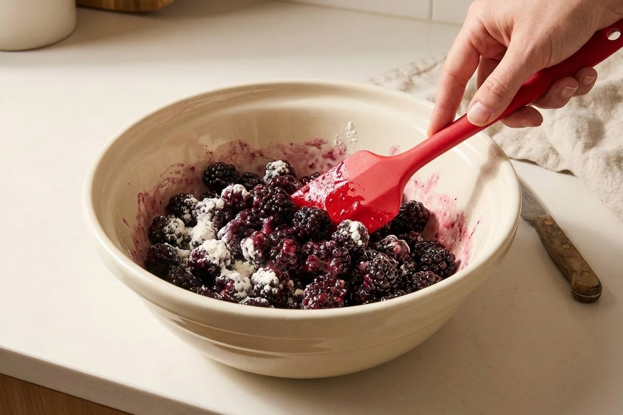 A hand stirring blackberries with cornstarch and lemon juice in a mixing bowl using a rubber spatula