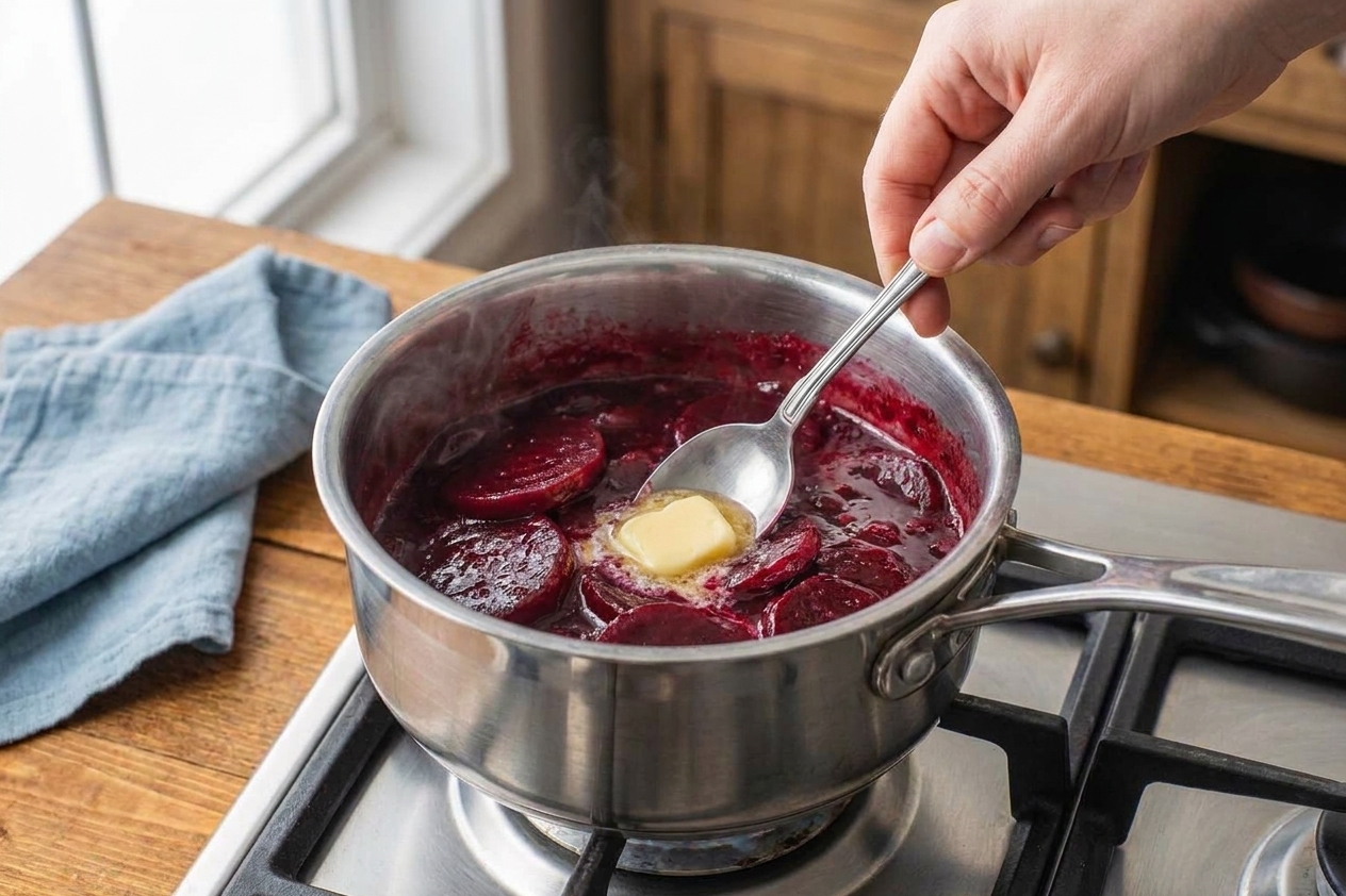 A hand stirring butter into thick glossy Harvard beets in a saucepan on the stove
