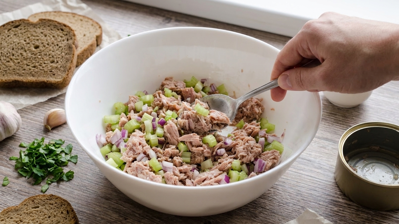 A hand stirring canned chicken salad with celery and red onion in a white mixing bowl using a spoon on a kitchen counter