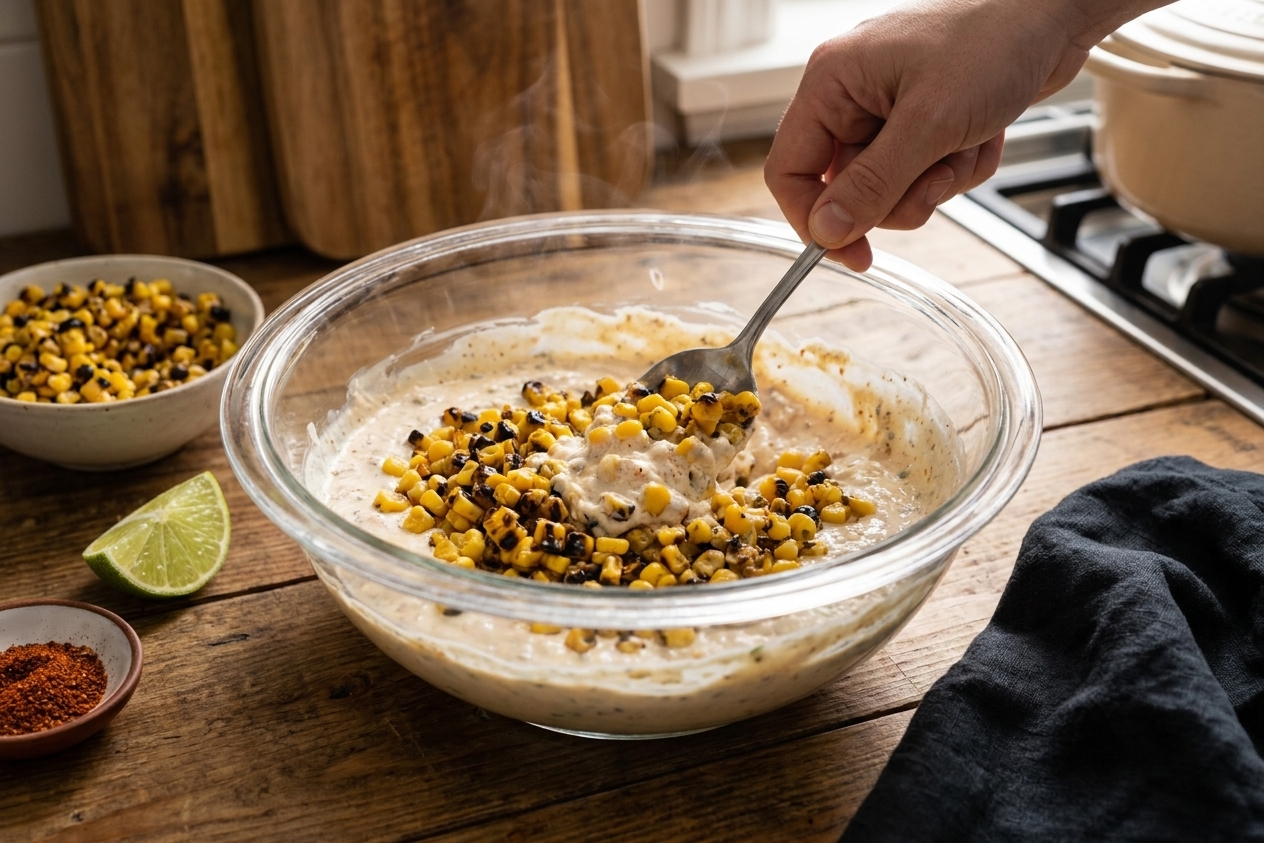 A hand stirring charred corn into a creamy mixture in a glass mixing bowl on a kitchen counter