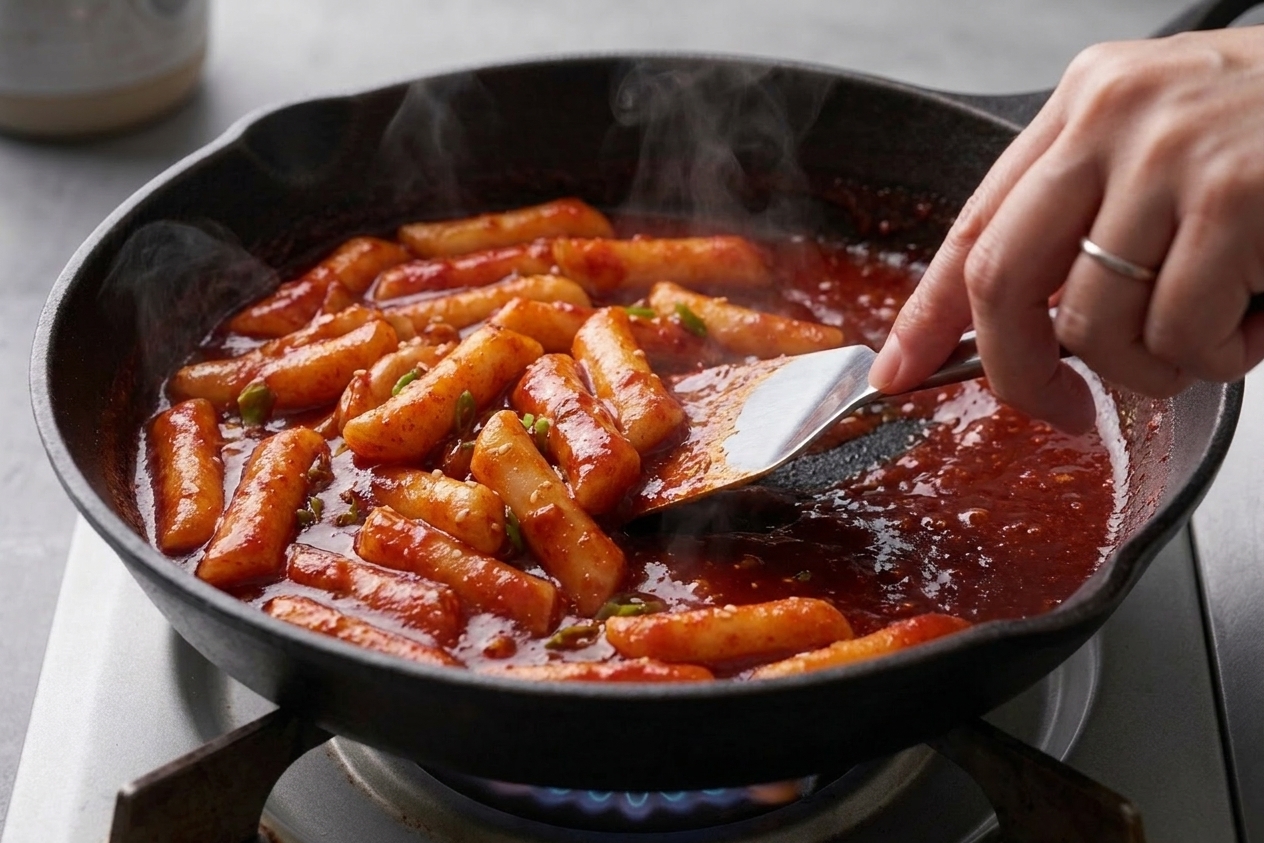 A hand stirring chewy Korean rice cakes through a thick red sauce in a skillet on the stove