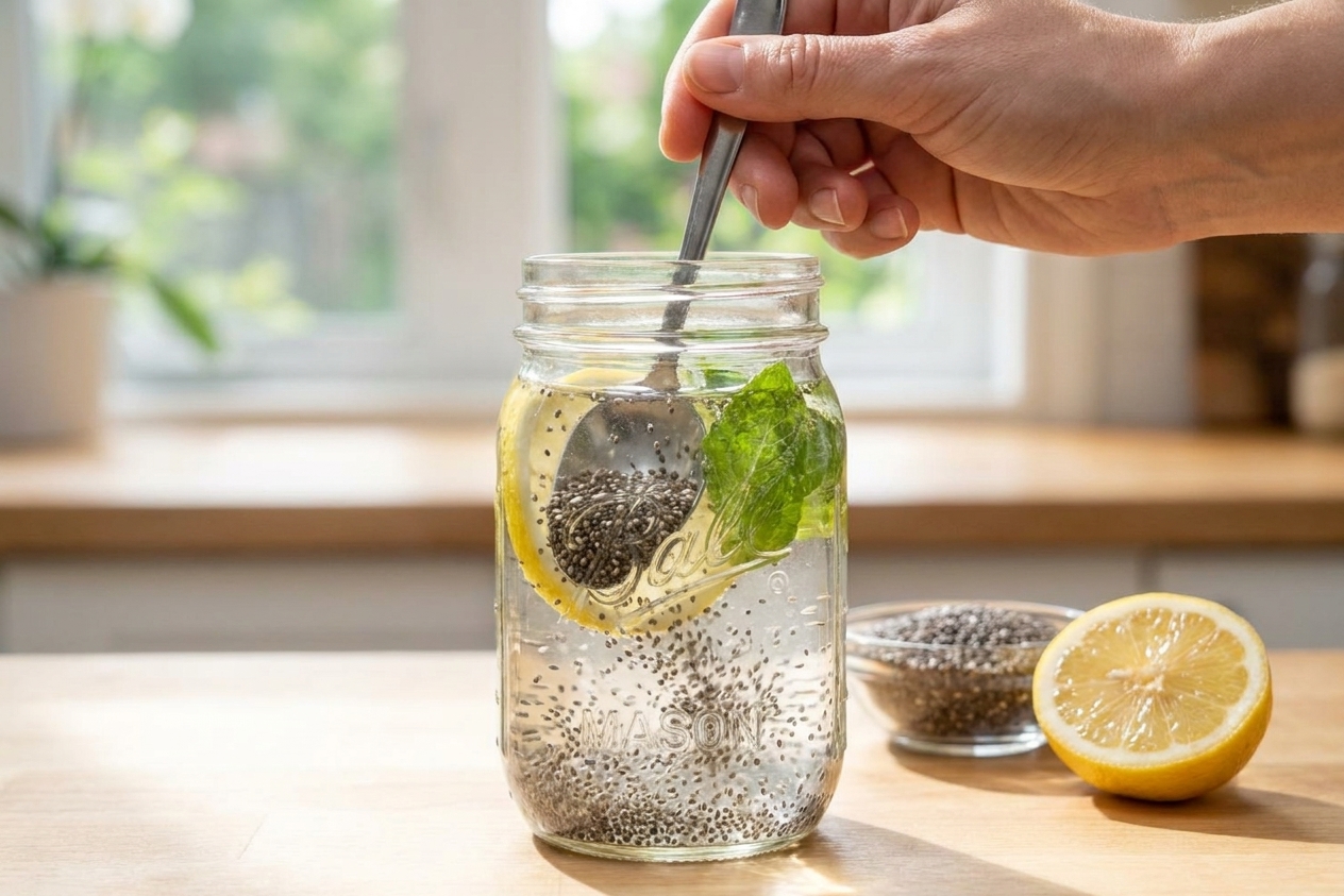 A hand stirring chia seeds into a mason jar of lemon water with a spoon on a bright kitchen counter