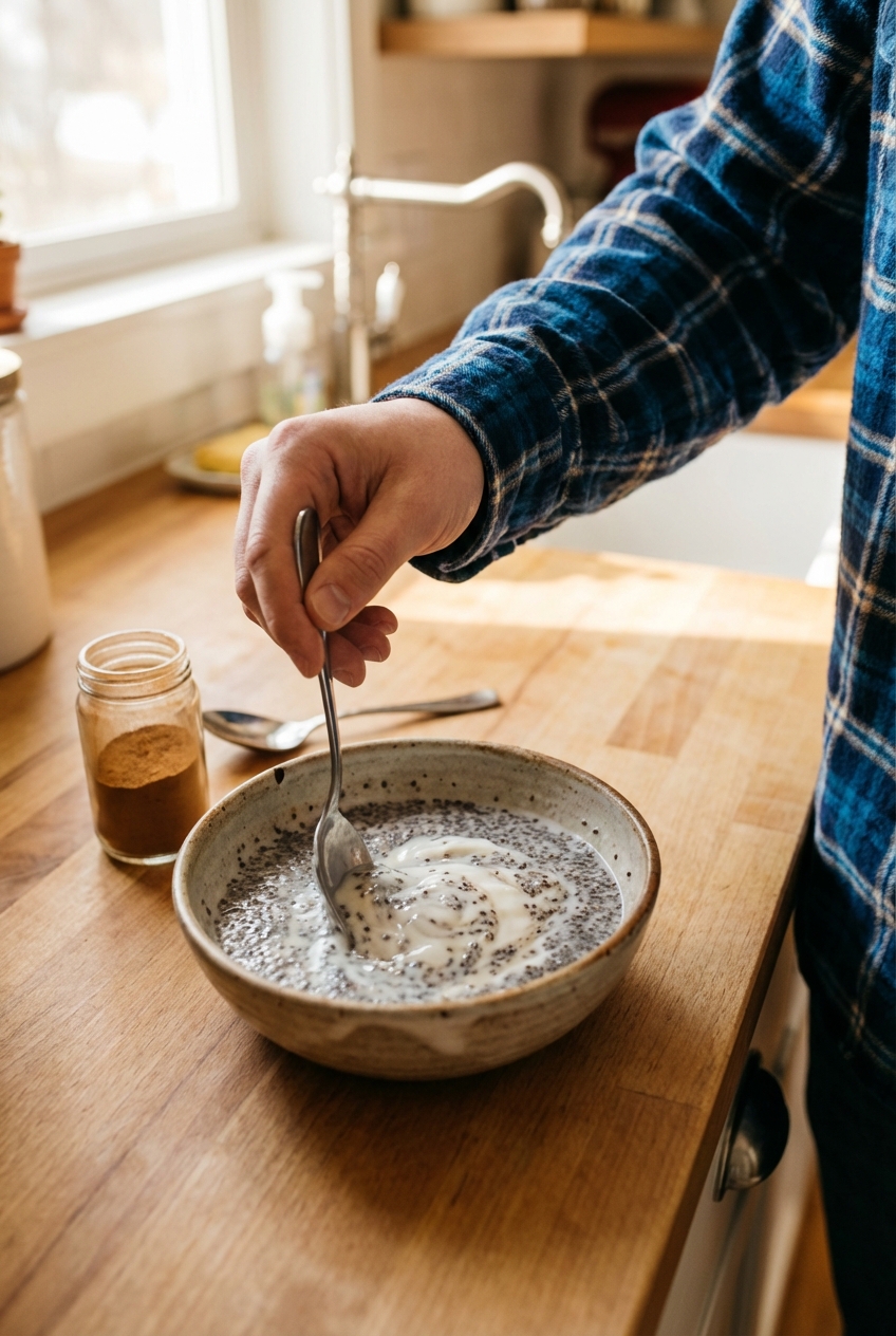 A hand stirring chia seeds into milk and yogurt in a ceramic bowl on a countertop with a spoon and cinnamon nearby