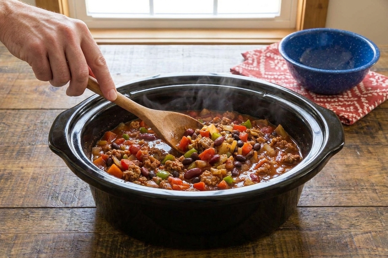A hand stirring chili ingredients together in a slow cooker insert on a kitchen counter