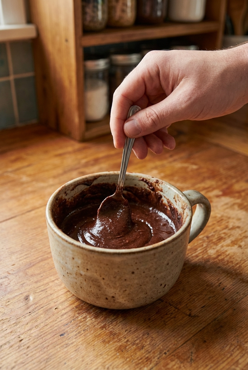 A hand stirring chocolate mug cake batter in a ceramic mug with a small spoon on a countertop