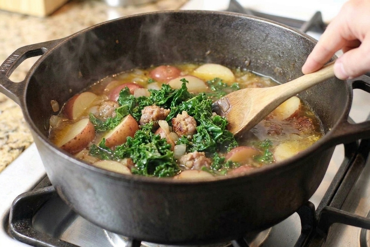 A hand stirring chopped kale into simmering sausage and potato soup in a Dutch oven