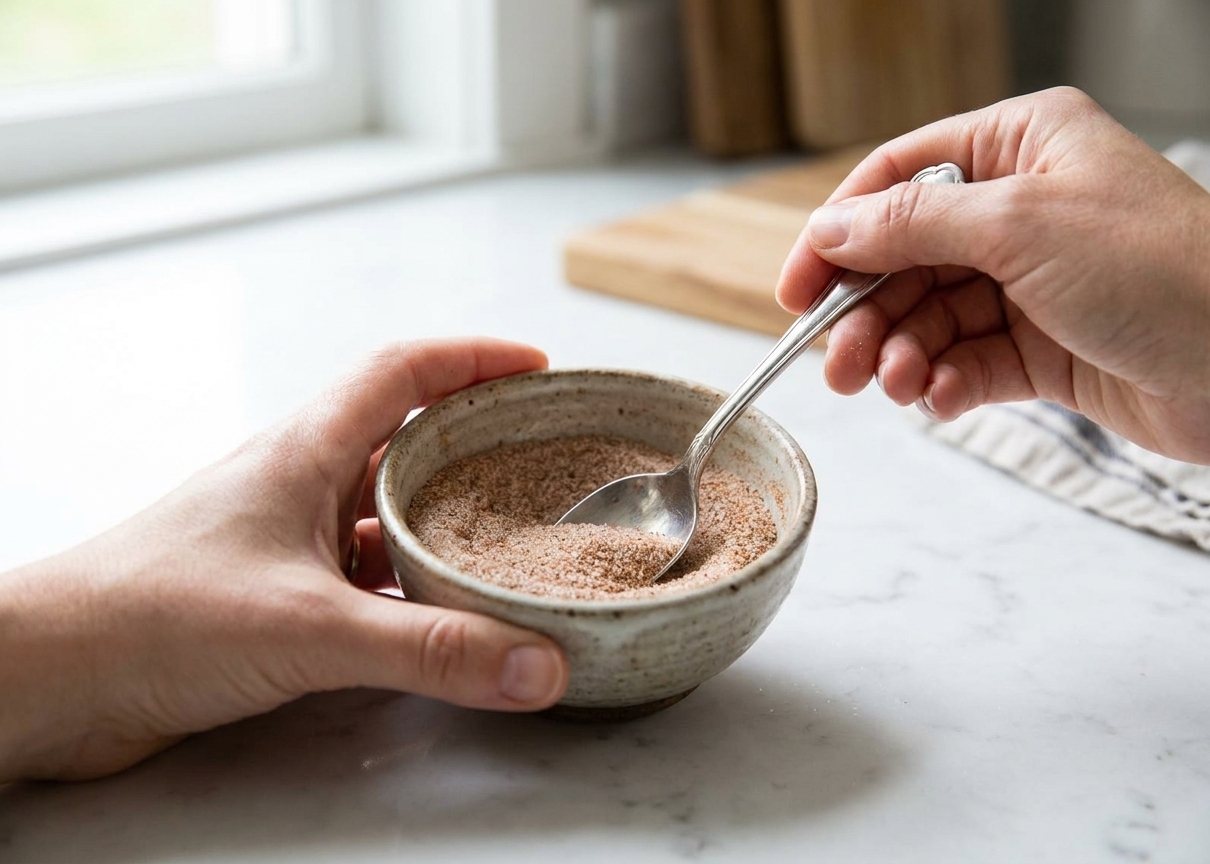 A hand stirring cinnamon and sugar together in a small ceramic bowl on a kitchen counter