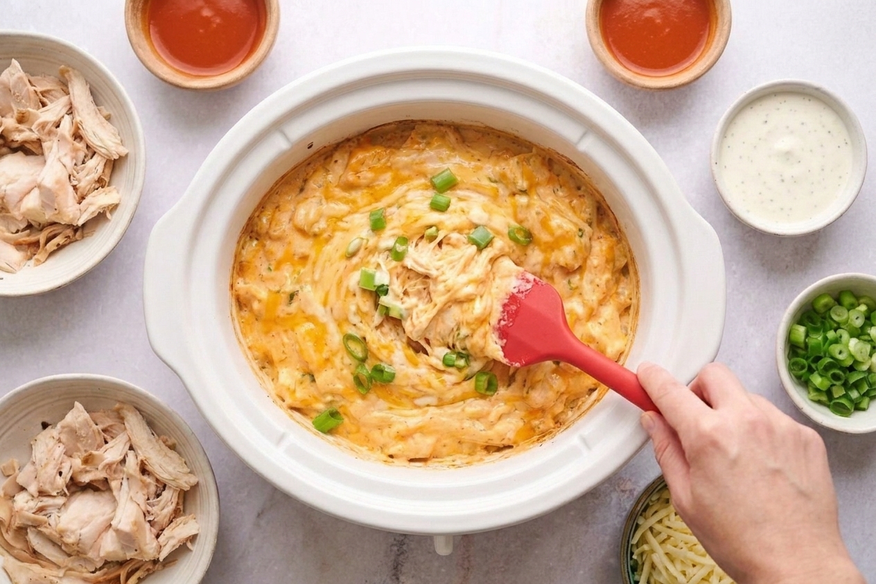 A hand stirring creamy Buffalo chicken dip inside a slow cooker with a silicone spatula as the cream cheese melts into the shredded chicken