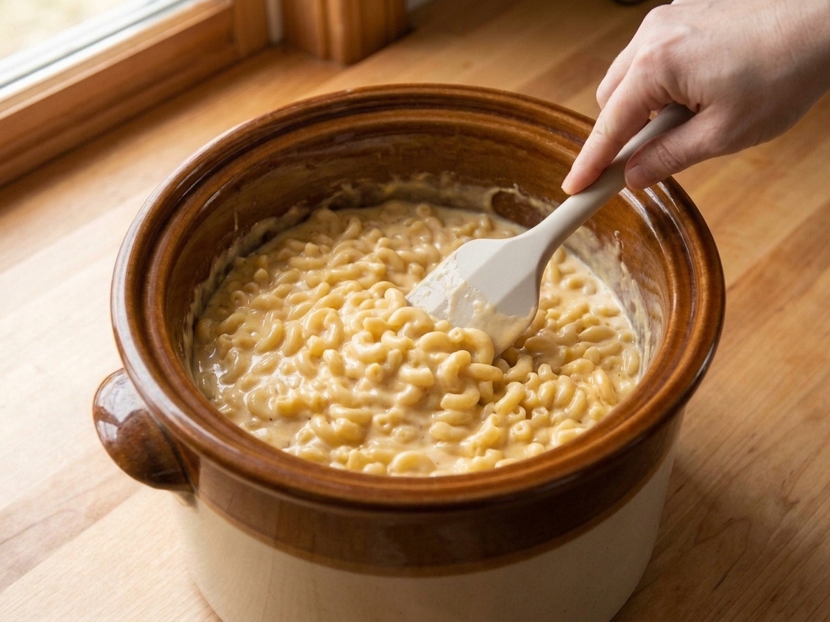 A hand stirring creamy mac and cheese in a slow cooker with a silicone spatula, showing thick glossy sauce